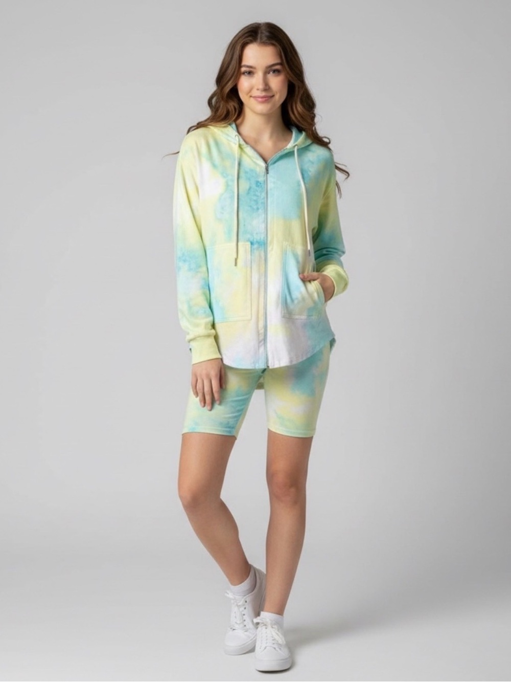 Rose Velvet Pastel Tie Dye 2 Piece Set Zip Up Hoodie Biker Shorts Size S  NWT